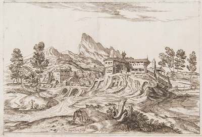Titian etching from 1682 Town with factories, women washing at river